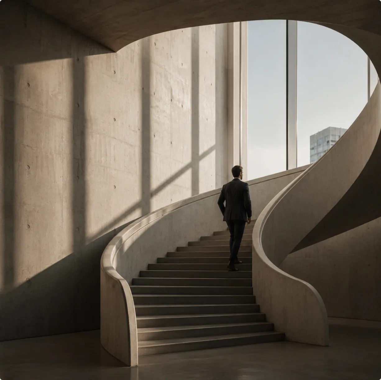 A person climbing a curved concrete staircase towards the daylight above.