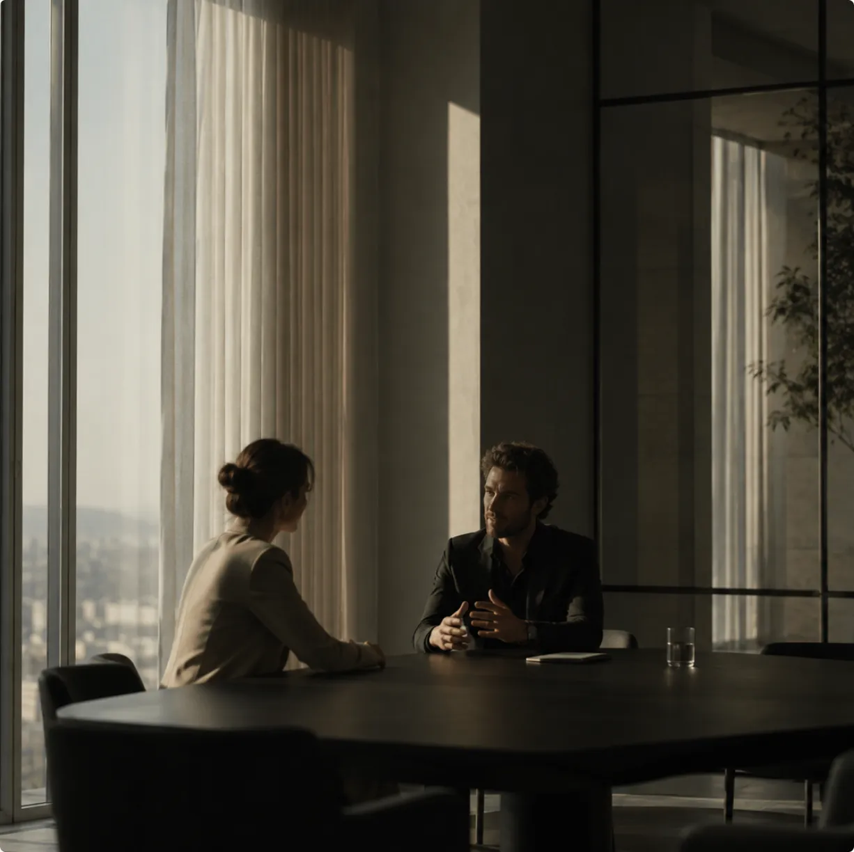 Two colleagues in conversation across a boardroom table beside a floor-to-ceiling window.
