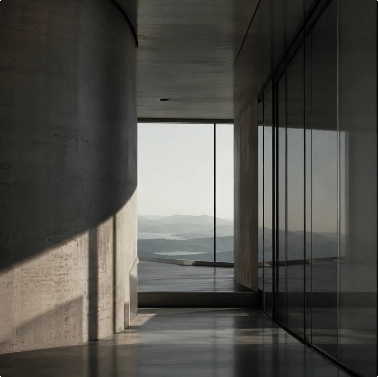 A concrete corridor opening onto a full-height window, with hills and water in the distance.